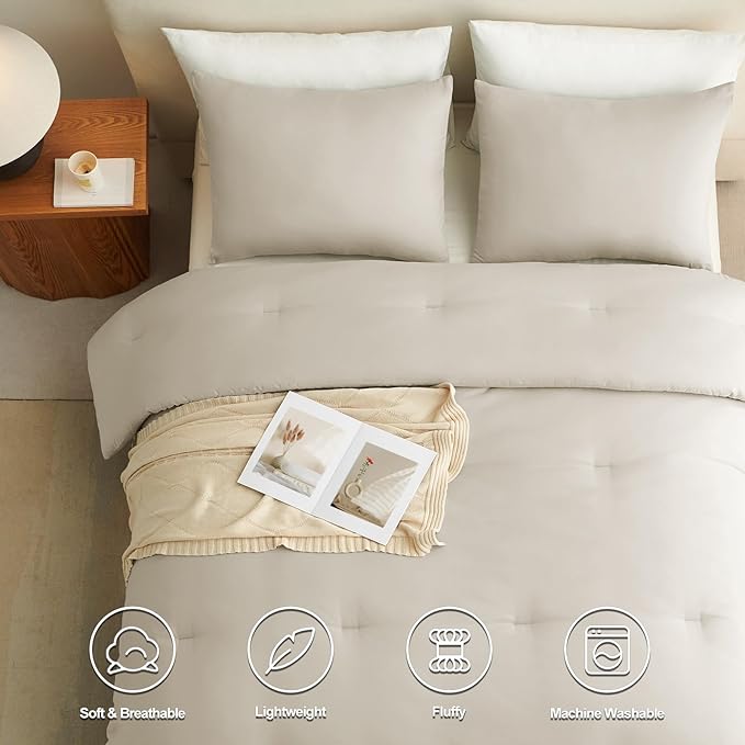 CozyLux Oatmeal Queen Comforter Set, 3 Pieces Solid Breathable Quilted Style Bedding Sets, Luxury Soft Fluffy Bed Set with Down Alternative Comforter for All Season (1 Comforter & 2 Pillowcases)