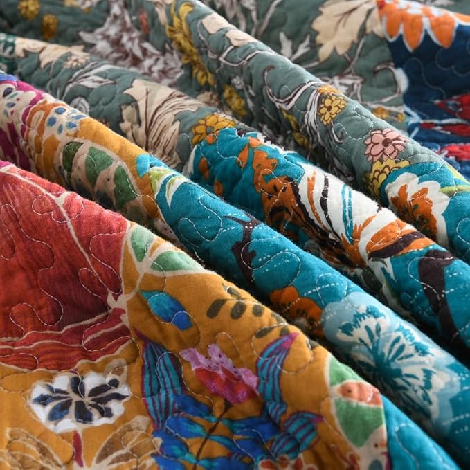 Autumn Dream Cotton Bedspread Quilt Sets Reversible Bedding Coverlet Sets Comforter, Vintage Floral Patchwork Turquoise Bedspread, King Size | Breathable material, Reversible, Soft durable, Handmade patchwork, Machine waschable, Jacquard stitching