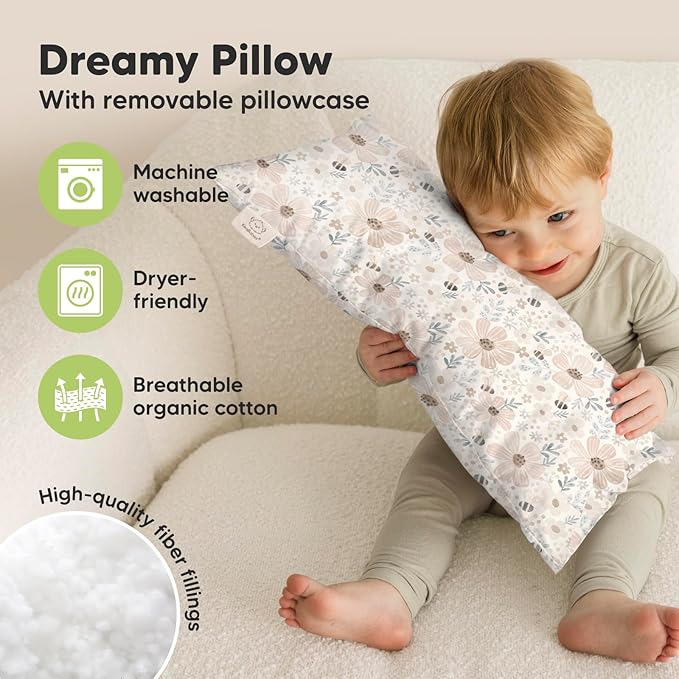 Toddler Pillow with Pillowcase - 10x18 My Little Dreamy Kids Travel Bed Pillows for Sleeping, Organic Cotton Small Pillowcase, Soft & Breathable, Machine Washable, Toddlers 2-5 years old (Flora Vale)