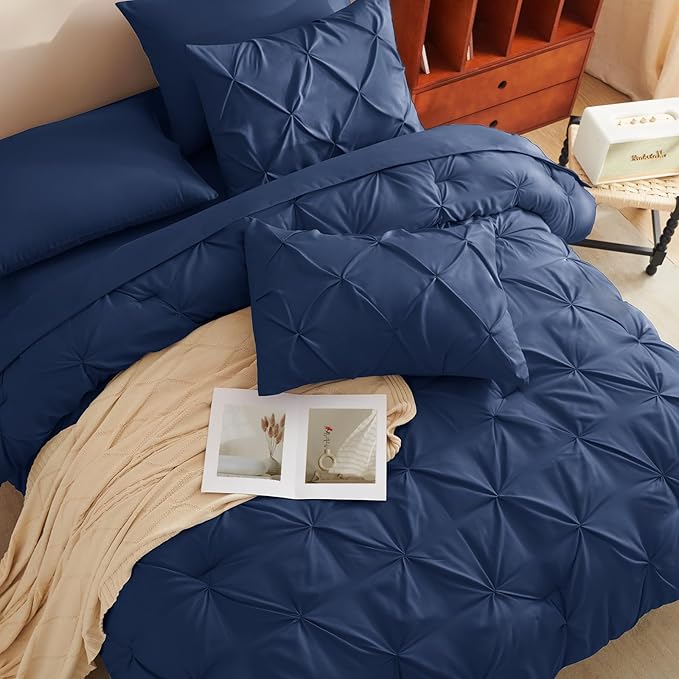 Queen Comforter Set Navy Blue, 7 Pieces Pintuck Bed in A Bag Queen Size Bedding, Soft Bed Set All Season Pinch Pleat Comforter Set with Sheets, Pillowcases & Shams