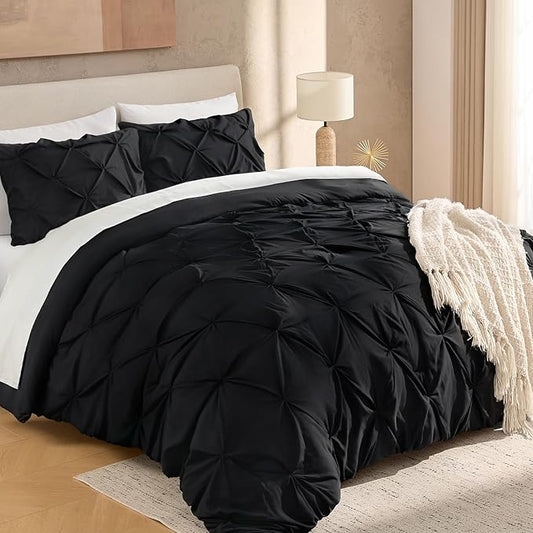 Andency California King Comforter Set Black (104x96Inch), Pinch Pleat Cal King Comforter Set 3 Pieces, Oversized King Pintuck Bed Comforter, Microfiber Down Alternative Comforter Bedding Set