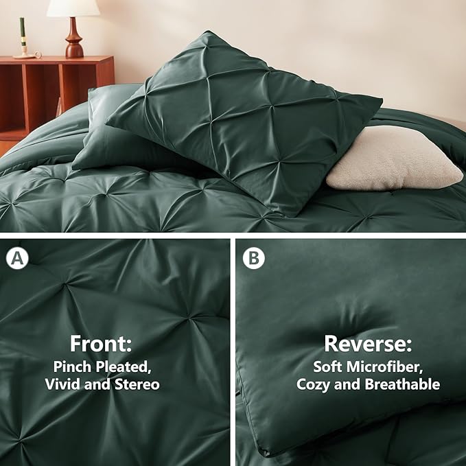 CozyLux Queen Comforter Set Forest Green, 7 Pieces Pintuck Bed in A Bag, Premium Green Comforter Queen Size, Pinch Pleat Bedding Sets with Comforter, Sheets, Pillowcases & Shams