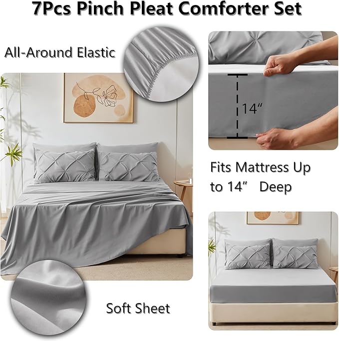 Queen Comforter Set Light Grey, 7 Pieces Pintuck Bed in A Bag Queen Size Bedding, Soft Bed Set All Season Pinch Pleat Comforter Set with Sheets, Pillowcases & Shams