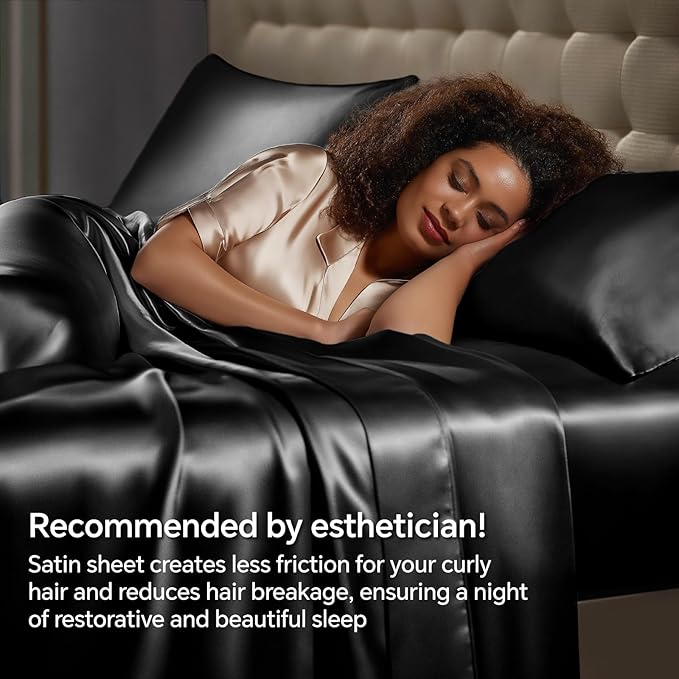 BEDELITE Satin Sheets Twin Size Bed Set, Luxury Soft Black Silky Sheets for Hair and Skin, Similar to Silk Bed Sheets Set 3 Pieces with 1 Deep Pocket Fitted Sheet, 1 Flat Sheet, and 1 Pillowcase