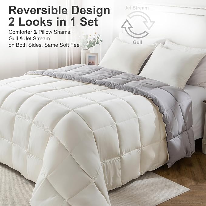 KASENTEX Queen Comforter Set – Reversible Dual Color – Goose Down Alternative – Ultra-Soft, Lightweight, Machine Washable, Maintain Fluffiness, All Season Warmth (Gull/Jet Stream)