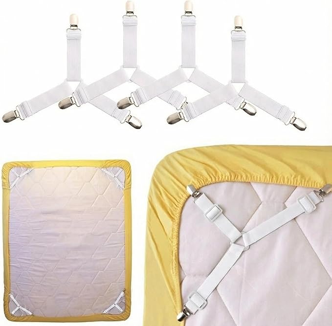 Bed Sheet Straps - Adjustable Sheet Suspenders for Queen King Twin Mattress, Elastic Mattress Straps for Sheets with Metal Clips, 4PCS Triangle Sheet Fasteners (White)