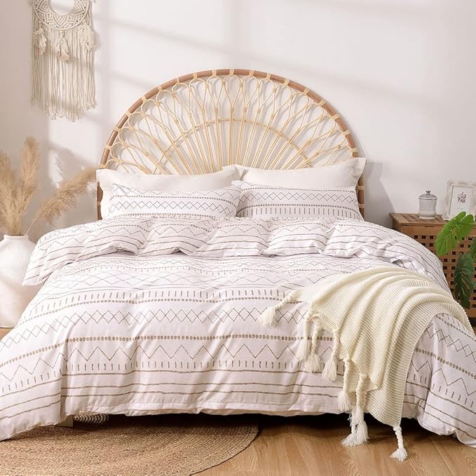 Lekesky Duvet Cover Queen Size, Soft Microfiber Boho Aztec Duvet Cover Set White Geometric Pattern Bohemian Bedding Duvet Cover Sets with Zipper Closure Corner Ties (No Comforter)