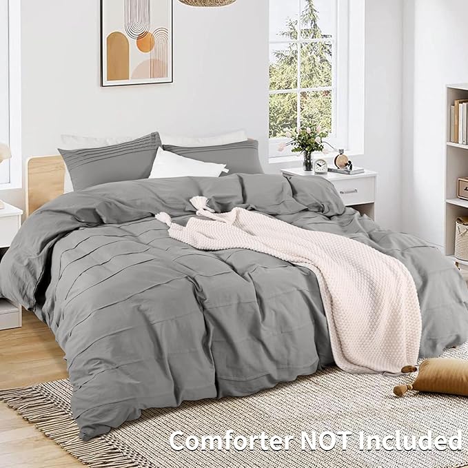 NEXHOME PRO 100% Washed Cotton Duvet Cover Twin Size, Linen Pleated Duvet Cover Set Light Grey, 2pc Organic Bedding Set with Zipper Closure, Soft, Lightweight and Breathable (68"x90", No Comforter)
