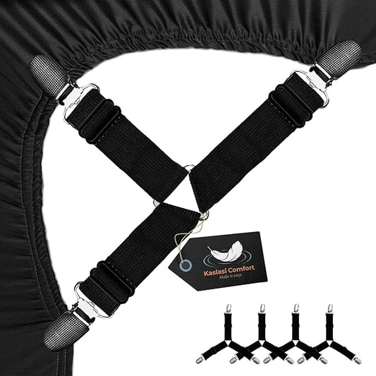 Bed Sheet Holders(4 Pack) Durable Metal Core, Adjustable Steel Buckle, Strong Elastic & Soft-Pad Grippers. Keep in Place Fitted Bedding Straps for Any Mattress, Easy No-Lift Install