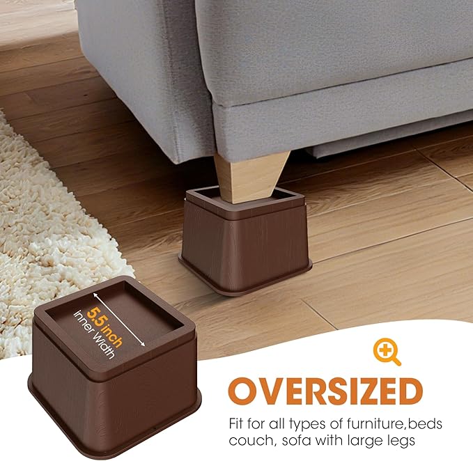 Bed Risers 5 Inch, Oversized Fit Up to 5.5" Legs, Heavy Duty Support 6000lbs, Stackable Bed Raising Blocks Furniture Sturdy Bed Lifts for Couches, Tables, Desk(Brown, 5 inch-4 Pack)
