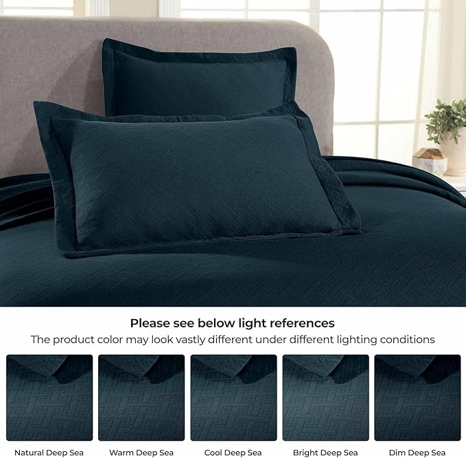Superior 3 Piece Basketweave Cotton Bedspread Set, Home Bed Decor, Decorative Bed Spread, 2 Pillow Shams, Medium Weight Blanket, Matelasse Coverlet Bedding, Geometric Lattice Pattern, King, Deep Sea