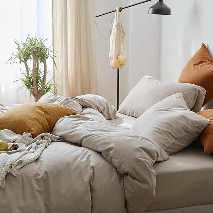 LifeTB Boho Beige Duvet Cover Jersey Knit Cotton Bedding Duvet Cover Set Queen Solid Color 3 Pieces Bedding Set Apricot Khaki Comforter Cover Breathable Soft Farmhouse Bedding Set with Zipper Closure