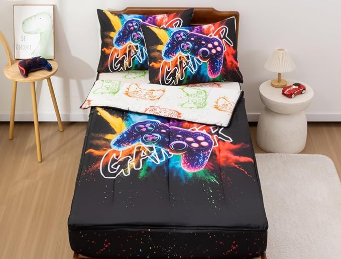 Meeting Story Kids Game Bedding Zipper Comforter Zip Bedding Set for Kid, All in one Zipper Bedding（RedBlue,Twin）