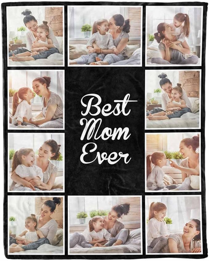 Photo Blankets Customize, 10 Photos Customize Blanket Mom Birthday Gifts from Daughter Son, Personalized Mom Daughter Pictures Blankets, 8 Sizes
