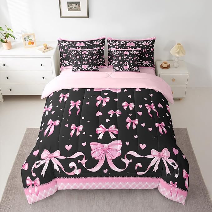 Feelyou Pink Bowknot Comforter Set Twin Size 7 Pieces Dreamy Princess Bedding Set for Kids Boys Girls Cute Bow Bed in a Bag with Comforter, Sheets, Pillowcases, Cushion Covers Love Hearts Quilted