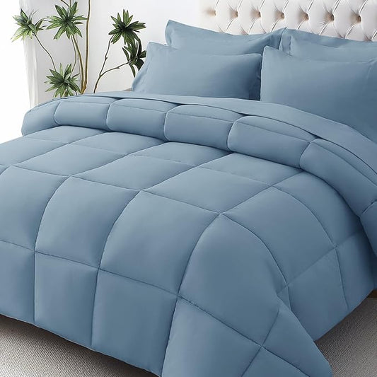 JOLLYVOGUE Full Comforter Set, Ultra-Soft Bed in a Bag Full Size 7 Pieces, Oeko-TEX Certified Bedding Set with Down Alternative Comforter, Sheets, Pillowcases & Shams, Dusty Blue