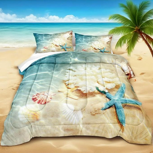 Bedbay Beach Comforter Twin Size Bed Coastal Bedding Set 3 Pieces Soft Microfiber Fluffy Comforter Set Sea Life Starfish Beach Style Comforter Set for All Seasons(Coastal,Twin)