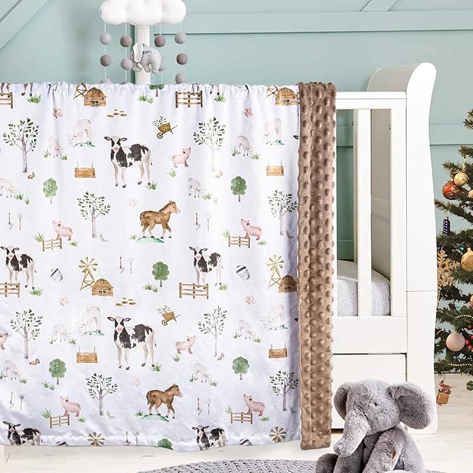 BOPRIO Baby Blankets for Boys Girls, Soft Lightweight Nursery Minky Blankets with Double Layer Dotted Backing for Infant Toddler Nursery Crib with Cute Farm Animals Design 30 x 40 Inch