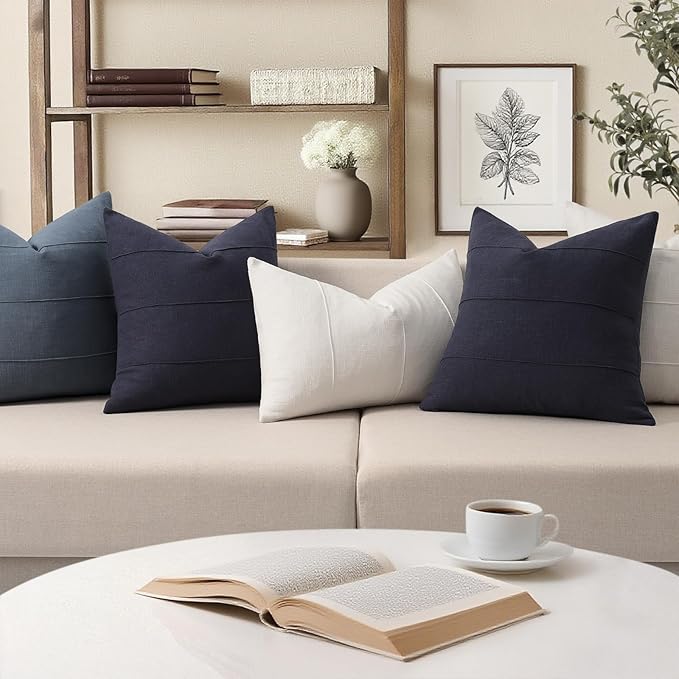 ZWJD Decorative Linen Throw Pillow Covers 20x20 Set of 2 Solid Handcrafted Striped Cushion Covers for Bed Soft Modern Farmhouse Neutral Pillowcase for Couch Bedroom Living Room Home Decor(Dark Navy)