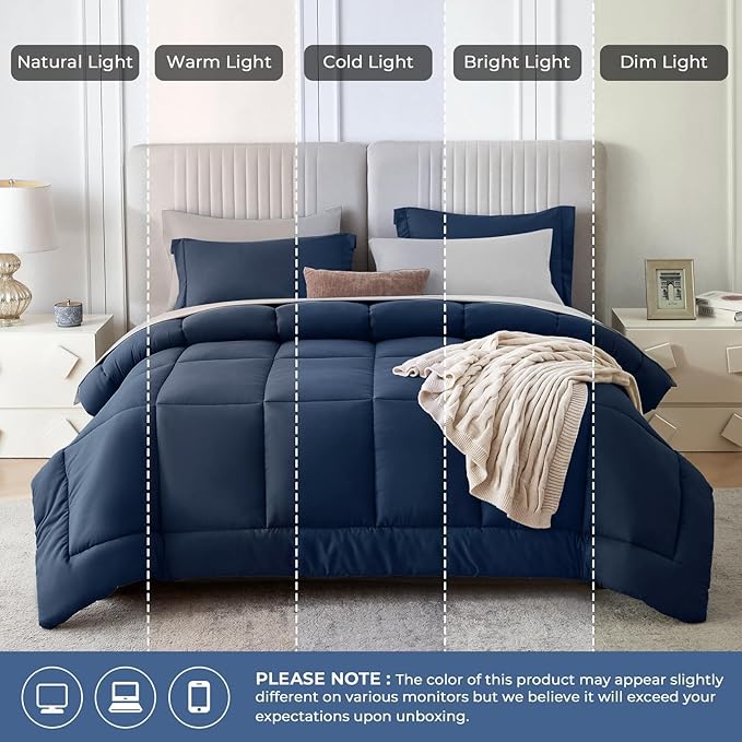 Sasttie Queen Comforter Set, 7 Pieces Bed in a Bag Queen, Complete Bedding Set Includes Comforter, Flat Sheet, Fitted Sheet, Pillowcases and Pillow Shams, Navy & Light Grey