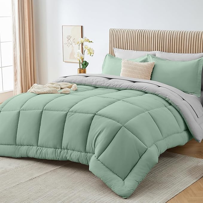 Sasttie Queen Comforter Set, 7 Pieces Bed in a Bag Queen, Complete Bedding Set Includes Comforter, Flat Sheet, Fitted Sheet, Pillowcases and Pillow Shams, Sage & Light Grey