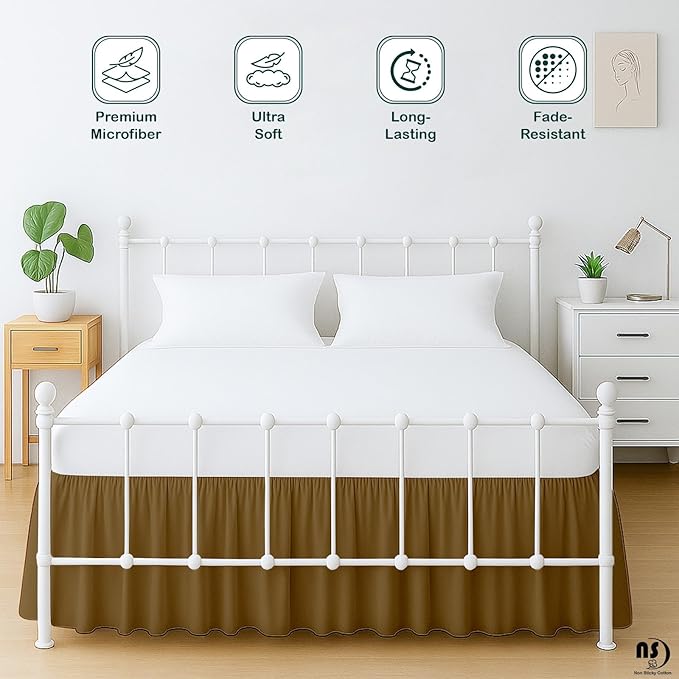 Premium Microfiber Full XL Ruffled Bed Skirt, 15” Drop with Split Corners, Soft Wrinkle Free Bedskirt with Platform, Solid Taupe Dust Ruffle for 54" x 80" Mattress