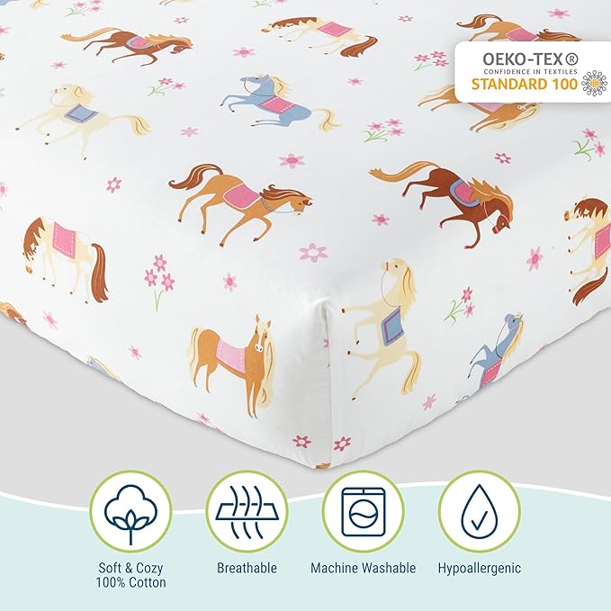 Wildkin 100% Cotton Toddler Sheet Set – Soft & Cozy Bed Sheets - Horses