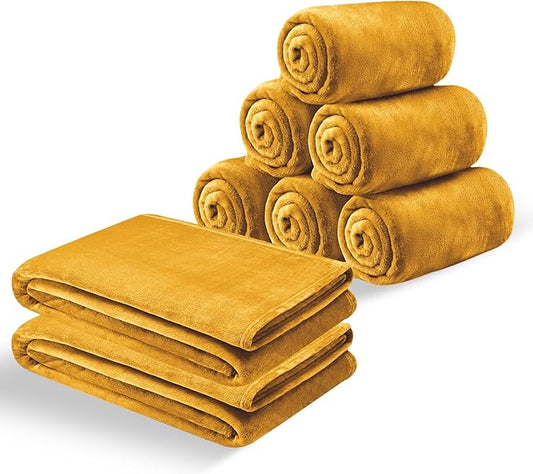 MOONLIGHT20015 Fleece Blanket Queen Size 8 Pack - Soft Fluffy Mustard Throw Blanket for Couch & Sofa, Lightweight Luxury 400 GSM Microfiber Fuzzy Bed Blankets and Throws (90 x 90 Inches, Queen)