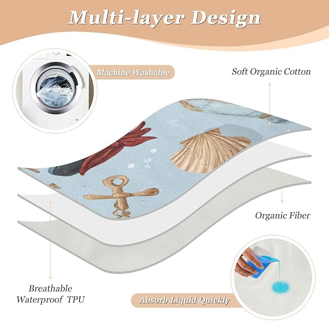 Waterproof Bed Pad Reusable Changing Pad Toddler Mattress Protector Large Pee Pad Baby Diaper Pad Soft Washable Liner Blue Pirate Hats Anchors Seashells