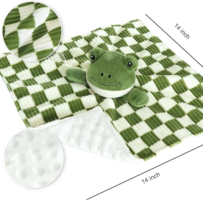 Baby Lovey Blanket for Boys Girls Super Soft Checkerboard Gingham with Minky Dot Fabric Backing Frog Stuffed Animal Lovely Snuggle Toy Green 14 Inch