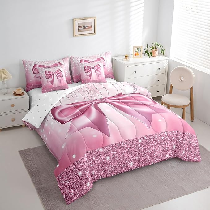 Feelyou Kids Pink Bowknot 7 Pieces Bedding Set Queen Size, Dreamy Princess Comforter Set with Sheets Boys Girls Glitter Bed in A Bag Watercolor Bow Teens Bed Set Bedroom Decor 7Pcs