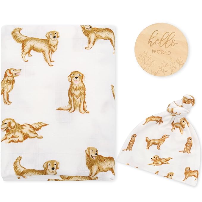 LifeTree Muslin Swaddle Blankets, Muslin Baby Boy Swaddle Blanket and Hat Set with Birth Announcement Card, Newborn Unisex Neutral Receiving Blankets Golden Retriever Pattern