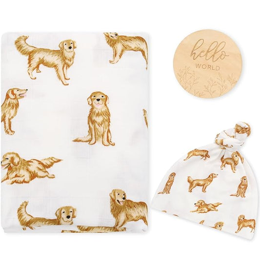 LifeTree Muslin Swaddle Blankets, Muslin Baby Boy Swaddle Blanket and Hat Set with Birth Announcement Card, Newborn Unisex Neutral Receiving Blankets Golden Retriever Pattern