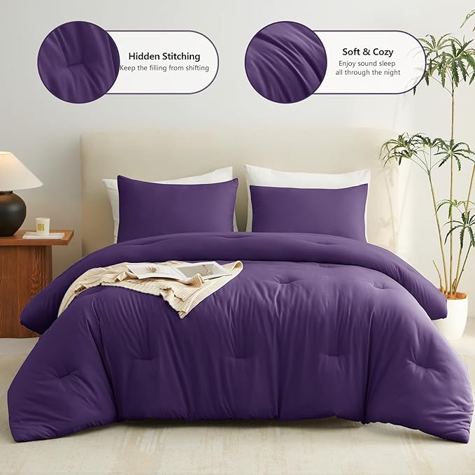 CozyLux Queen Comforter Set Purple, 3 Pieces Solid Queen Comforter Breathable Quilted Style Bedding Sets, Luxury Soft Bed Set with Down Alternative Comforter All Season (1 Comforter & 2 Pillowcases)