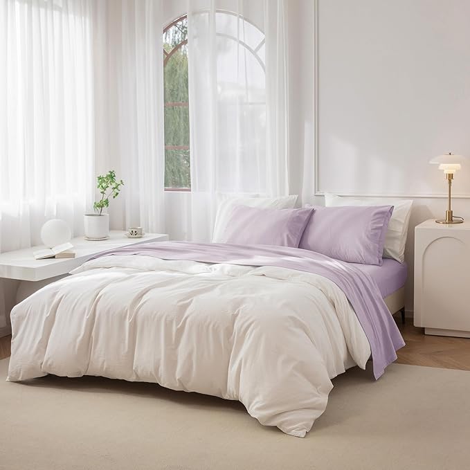 JIYUAN 100% Washed Cotton Sheet Set 4 Pieces King,1 Fitted Sheet,1 Flat Sheet and 2 Pillowcases,Comfy and Breathable Linen Like Bedding Set,Heathered Light Purple