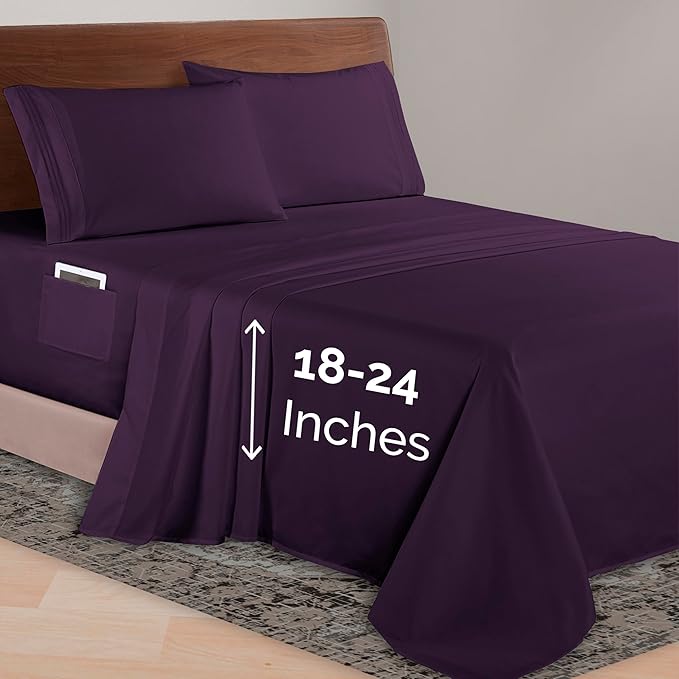 Elegant Comfort Luxurious 1500 Premium Hotel Quality Microfiber 4-Piece Sheet Set, 18-24 Inches Deep - Extra Deep Pocket Sheets - Ultra Soft 4PC Deep Pocket Sheets, California King, Eggplant-Purple
