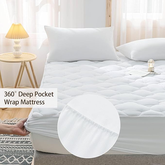 WhatsBedding Waterproof Mattress Pad Queen Size Cotton Top Down Alternative Filling Pillowtop Mattress Topper Cover-Fitted Quilted (Queen Mattress Pad)