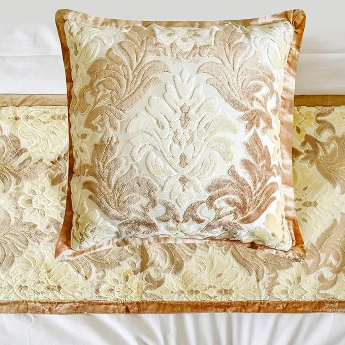 The HomeCentric King/Queen/Twin Beige Decorative Full 68"x18" Bed Runner with Two Pillow Cover, Damask Bed Scarf on Velvet Fabric - Emmeline
