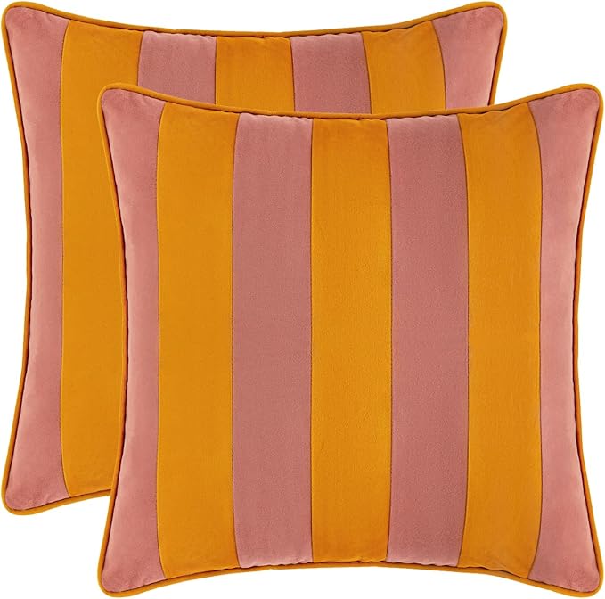 MONDAY MOOSE Decorative Throw Pillow Covers Cushion Cases, Set of 2 Soft Velvet Striped Piping Edge Designs, Pillow Inserts Not Included (16x16 inch, Pink/Honey)