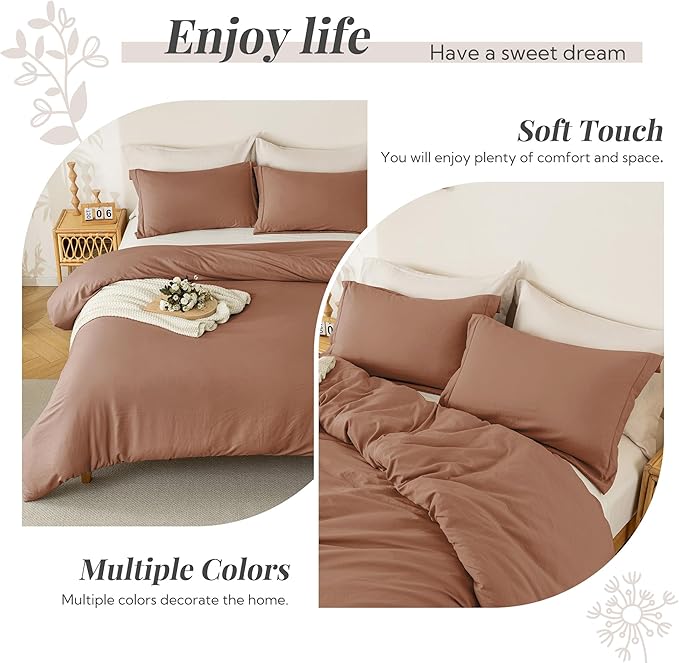 MILDLY Super Soft Duvet Cover 2pcs - 100% Washed Microfiber Mocha Comforter Cover Set 3 Pieces with Zipper Closure & Corner Ties
