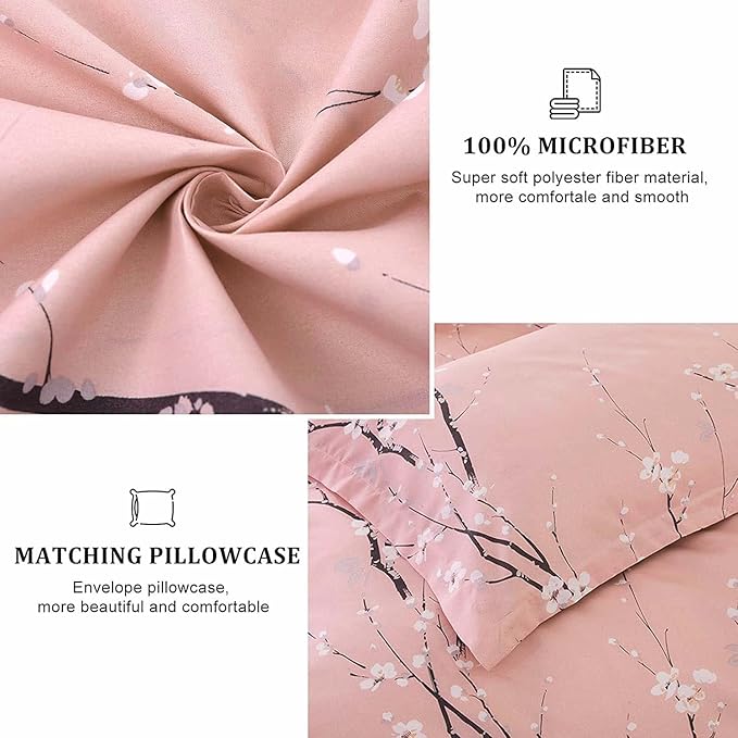 WONGS BEDDING Floral Duvet Cover Set King, Pink Flower Plum Pattern Comforter Cover Set with 2 Pillowcases 3 Pieces Botanical Bedding Set with Zipper Closure for Kids 90"x103"(Not Comforter)