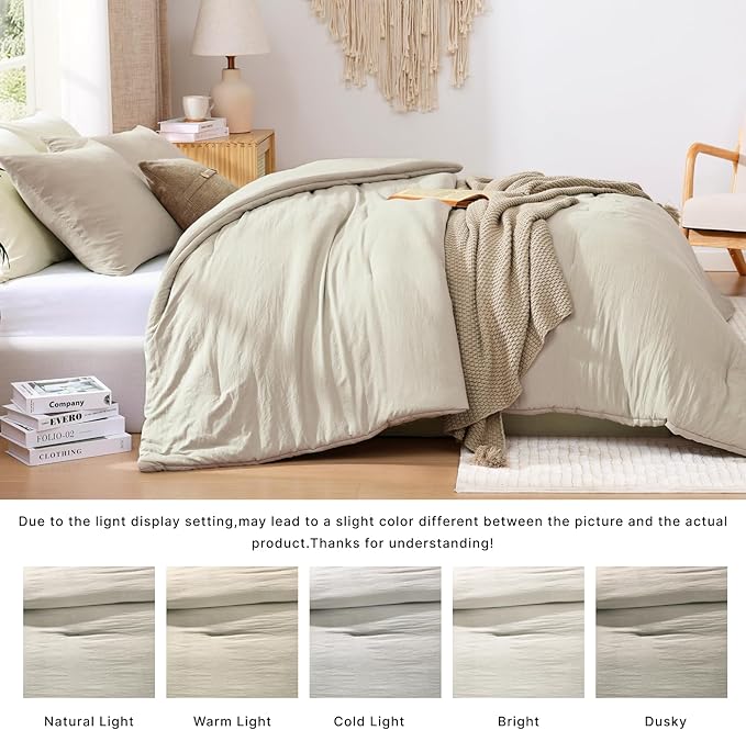 WRENSONGE Full Size Comforter Sets - 3 Pieces Light Oatmeal Comforter Prewashed Soft Lightweight for All Seasons, Fluffy Down Alternative Comforter Full Size with 2 Pillow Shams