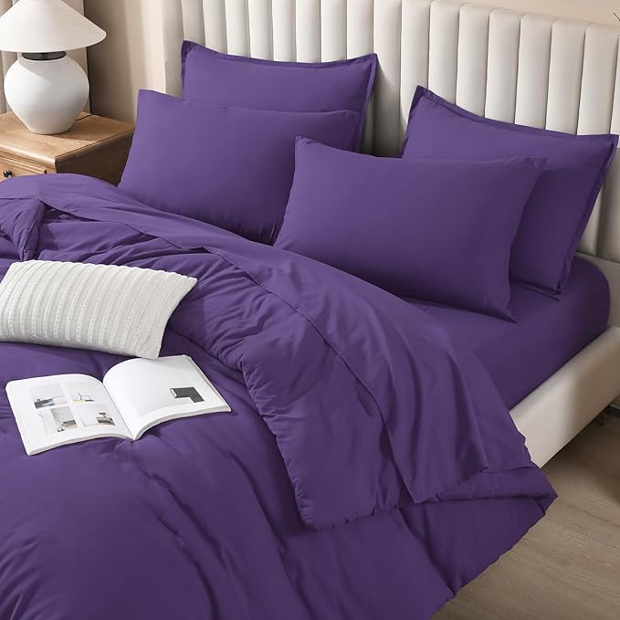 Litanika Comforter Queen Size Set Purple - 7 Pieces Bed in a Bag Queen Bedding Comforter Sets, Plain Lightweight Bed Set with Comforter, Sheets, Pillowcases & Shams
