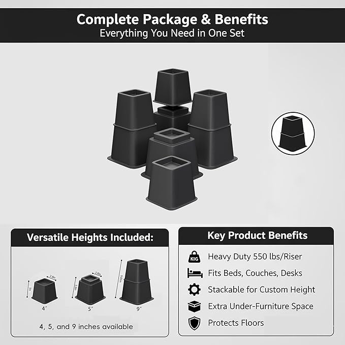 Bed Furniture Riser 4, 5 or 9 inches, Versatile Bed and Furniture Riser - Heavy Duty, Stackable, Supports 550 lbs Each Riser - Set of 8, Black