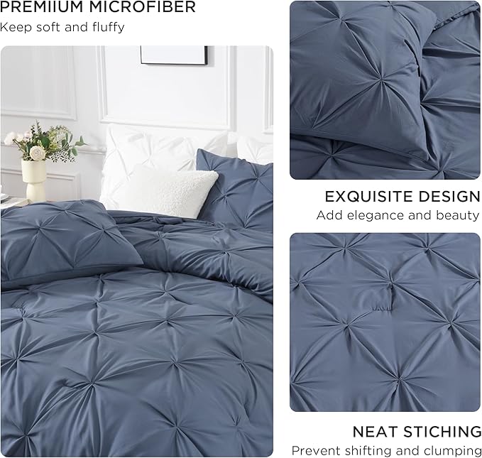 Andency Dark Blue Grey Pinch Pleat Comforter Full(79x90Inch), 3 Pieces(1 Down Alternative Comforter and 2 Pillowcases) Dark Blue Grey Bed Set Microfiber Pintuck Bedding Set