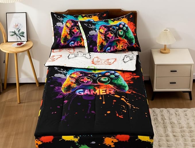 Meeting Story 3pcs Kids Comforter Set Twin Zip up Bedding Set for Boys,Kid Bedding Set Game Print Comforter Set for Kid,All in one Zipper Bedding（Darkblack,Twin）