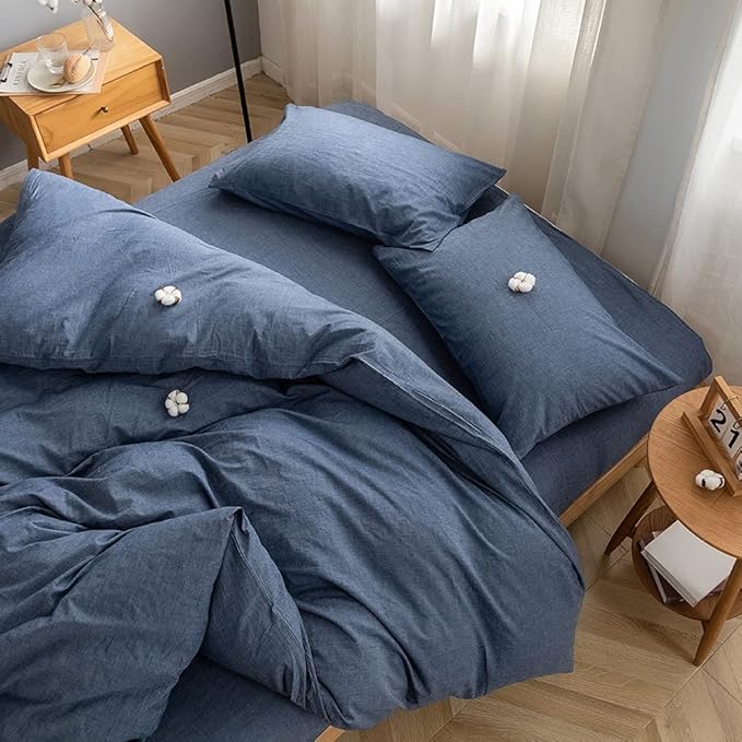 FACE TWO FACE Bedding Duvet Cover Set100% Washed Cotton Duvet Cover Linen Like Textured Breathable Durable Soft Comfy(Queen, Navy Blue)
