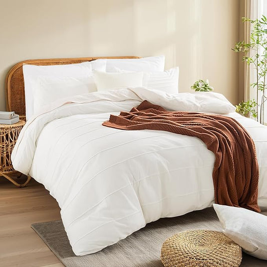 NEXHOME PRO 100% Organic Cotton Duvet Cover Super King Size, Linen Like Pleated Textured White Duvet Cover Set, 3pc Bedding Set with Zipper Closure, Soft,108"x98", No Comforter