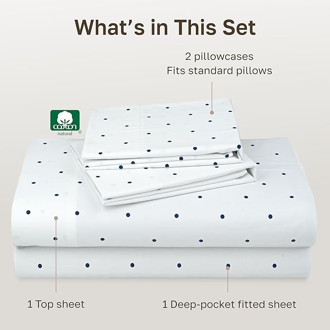 California Design Den Full Size Bed Sheets Set - 400 Thread Count Sateen, Natural 100% Cotton Sheets for Full Size Bed, Deep Pocket and Durable Bedding Set - Polka Dot