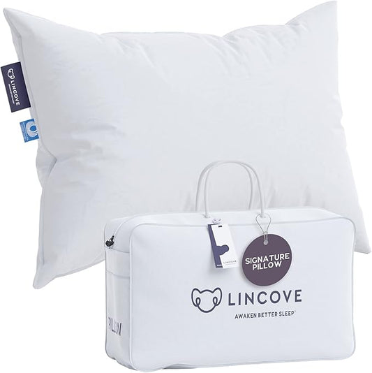 Lincove Signature 100% Natural Canadian White Down Pillow - Luxury Sleeping Pillow for Back, Stomach & Side Sleepers - 800 Fill Power Bed Pillow, 500 Thread Count, Made in Canada, Queen - Firm, 1 Pack
